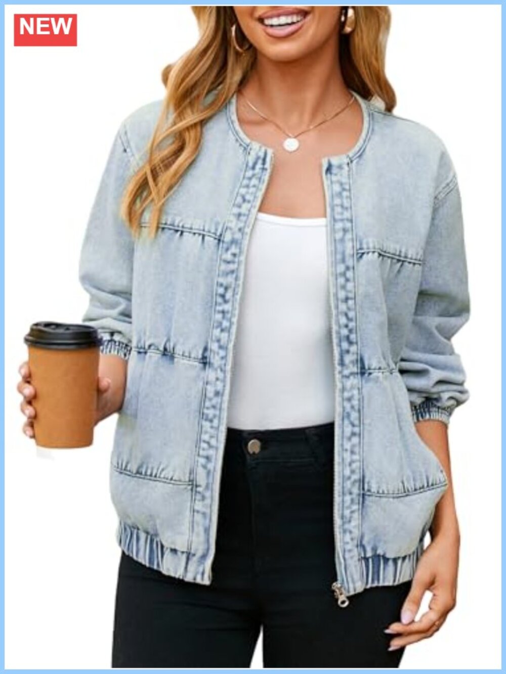 Women's Denim Bomber Jacket Oversized Zip Up Casual